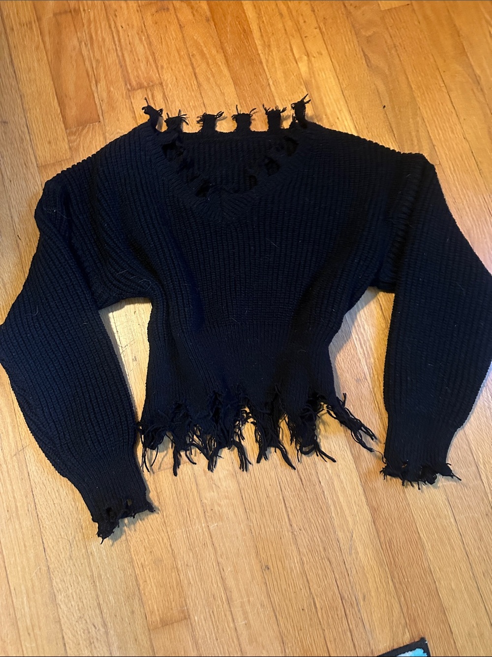 SHEIN Black Distressed Fringe V-Neck Knit Sweater